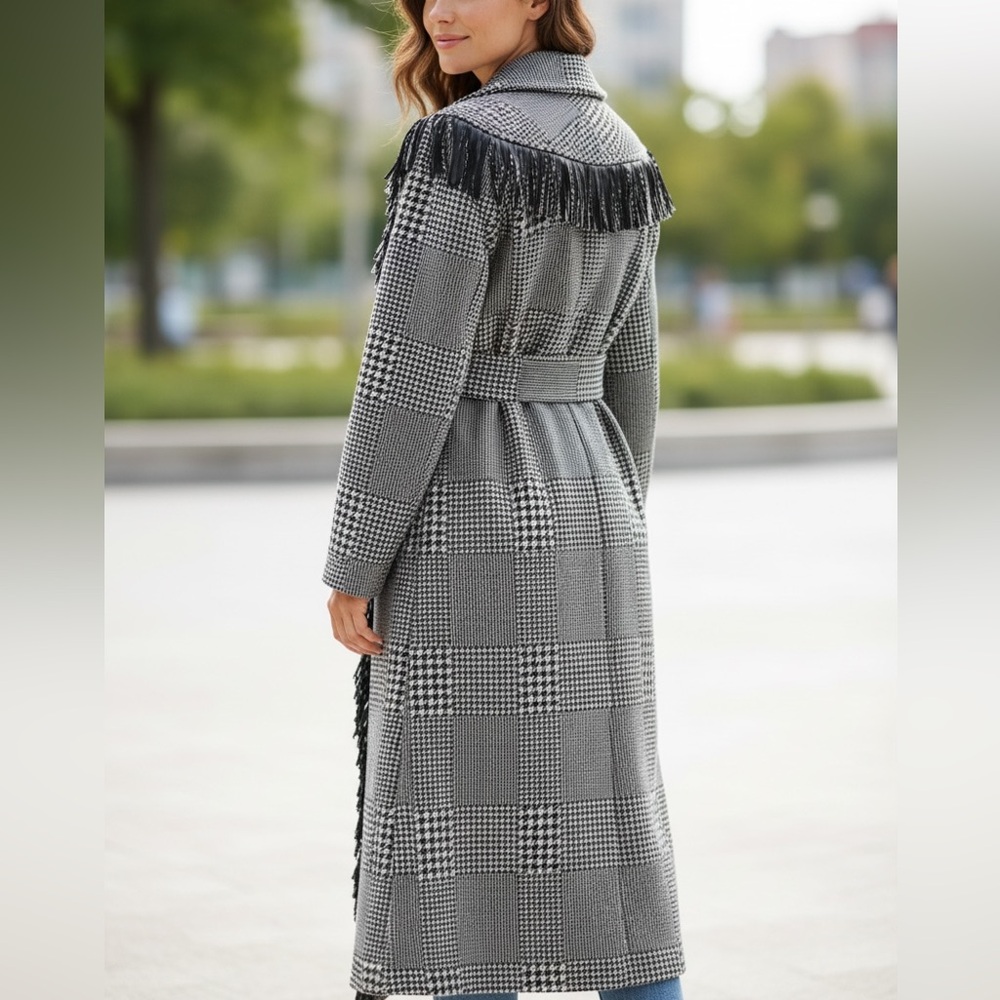 Houndstooth Microfiber Fringe Long Jacket - Picture 10 of 10